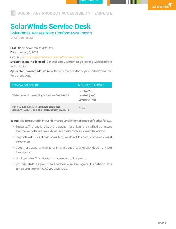 SolarWinds Service Desk Accessibility Conformance Report VPAT SolarWinds