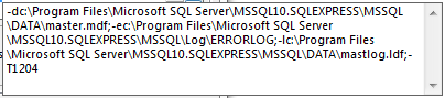 Screen cap: editing SQL Server startup parameters
