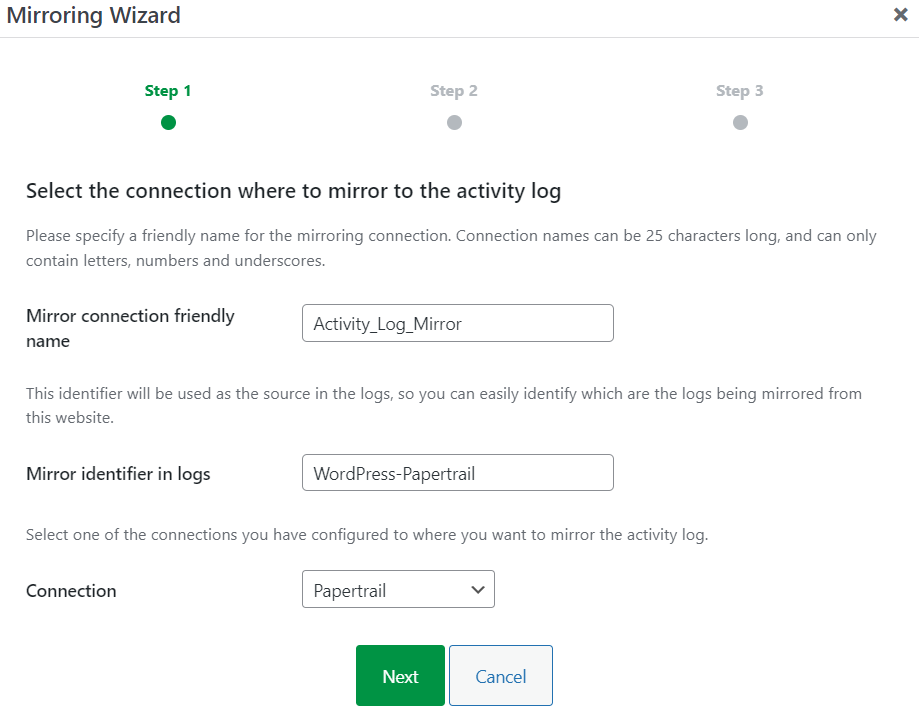 Configuring WordPress Activity Log mirroring