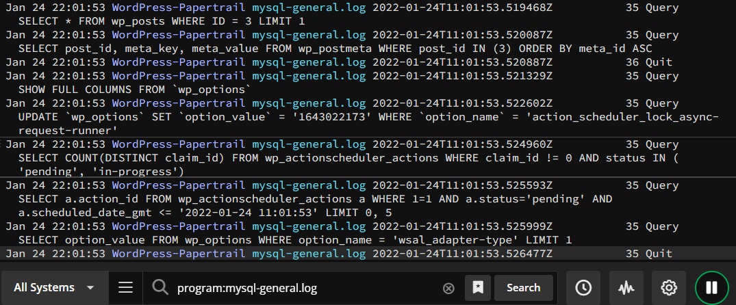 MySQL general log in Papertrail