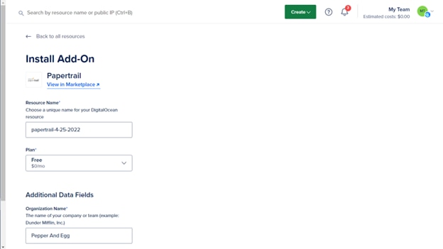 Install Papertrail Add-On page image