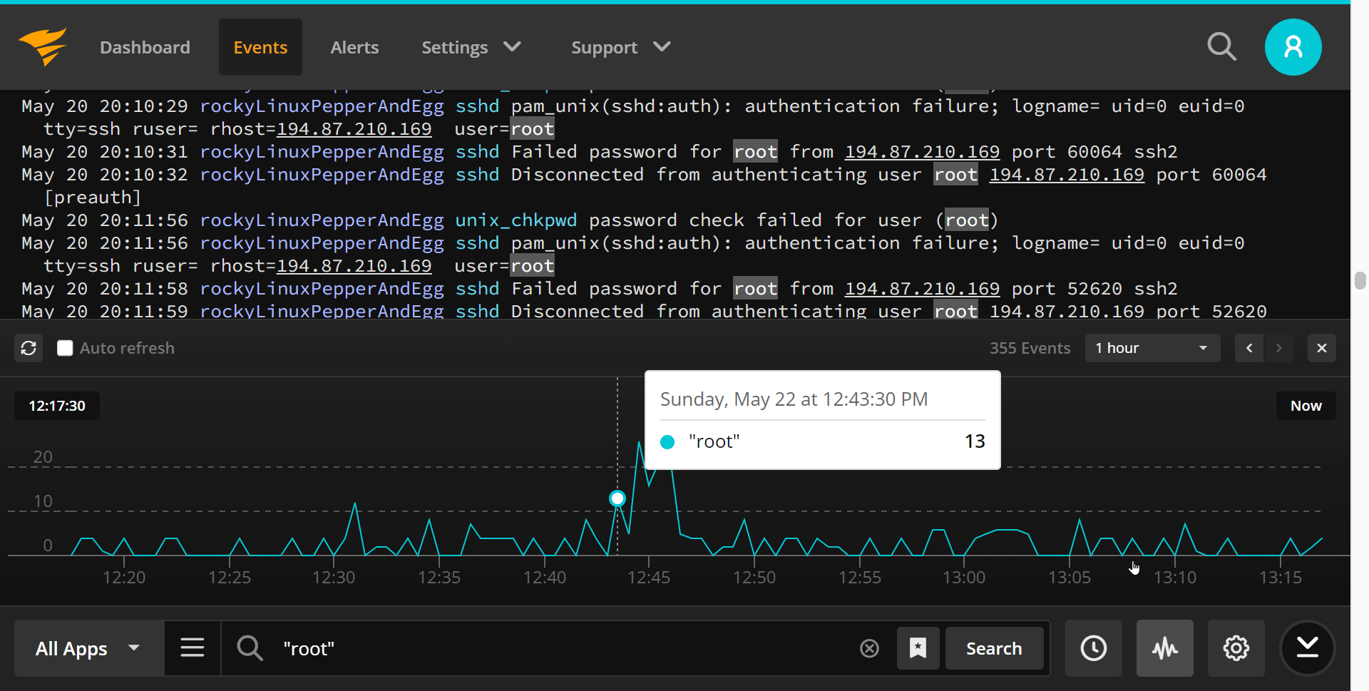 Papertrail specific event on log velocity graph image