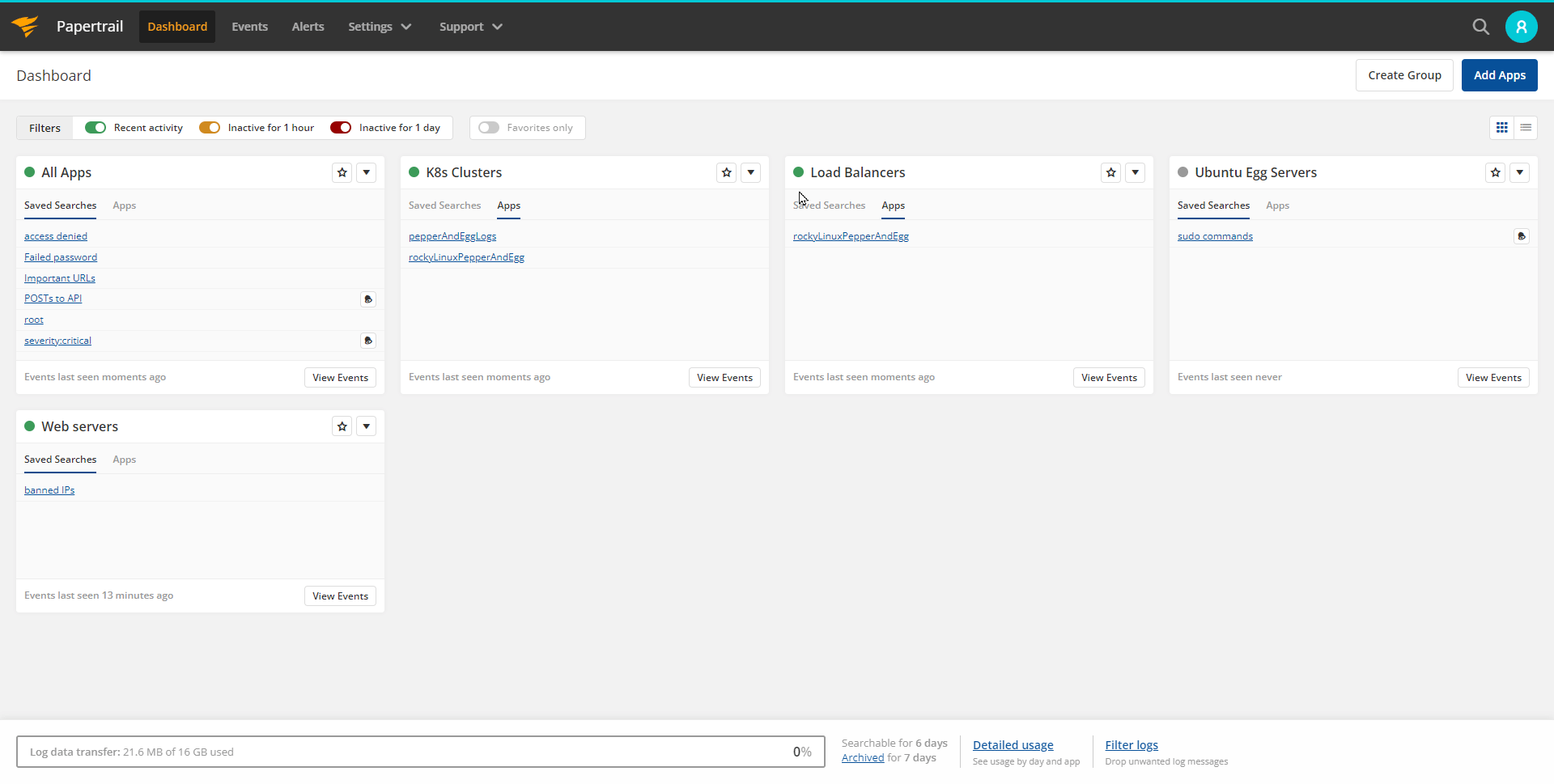 Papertrail dashboard traffic light filter image