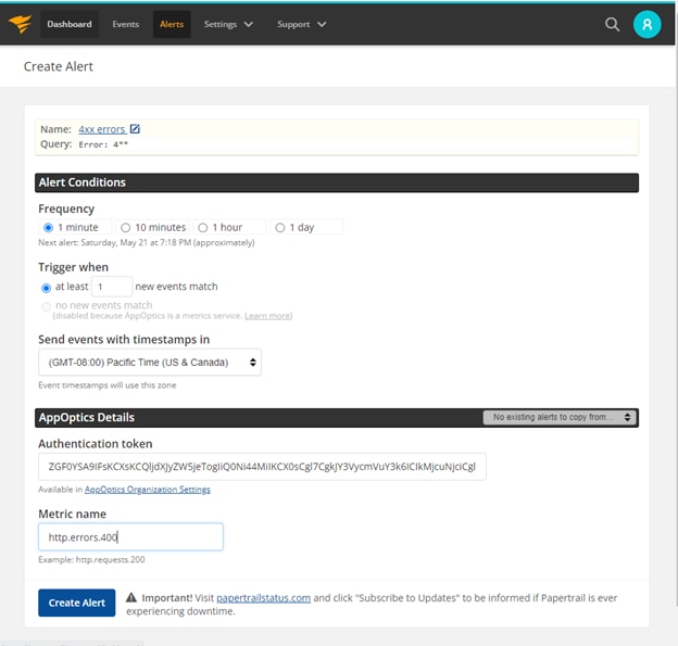 Papertrail create alerts page image