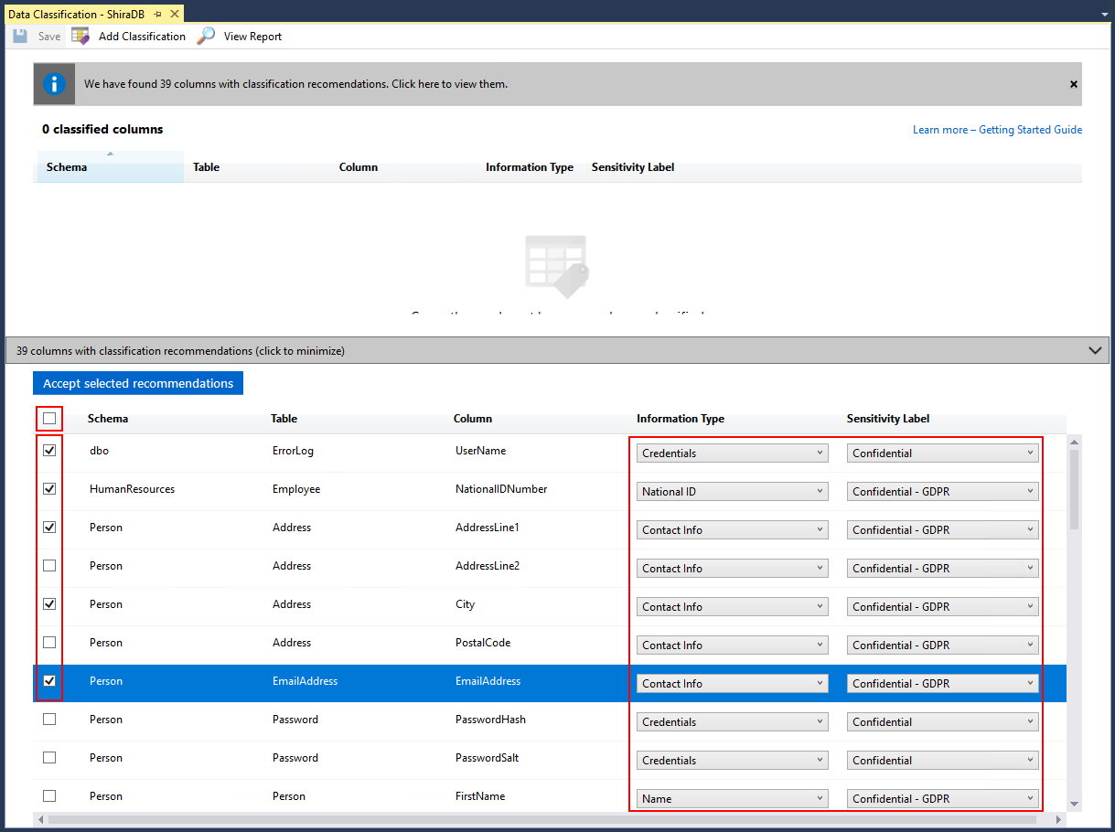 Figure 1:  SSMS can recognize and tag sensitive data in databases.