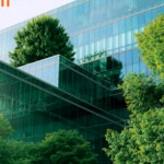 Glass office block with greenery and plants growing around it