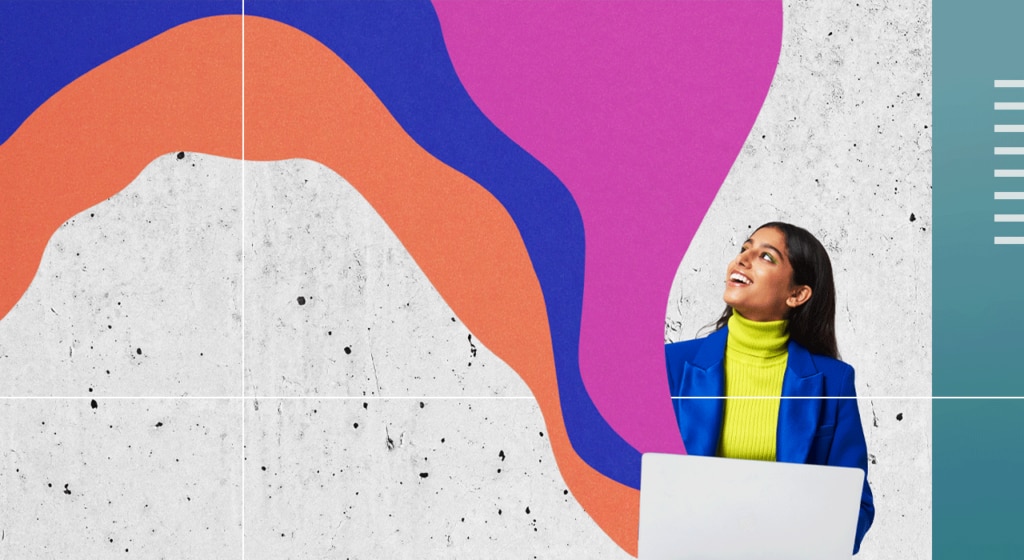 A smiling woman with paint-like purple, blue and orange patterns coming from her laptop.