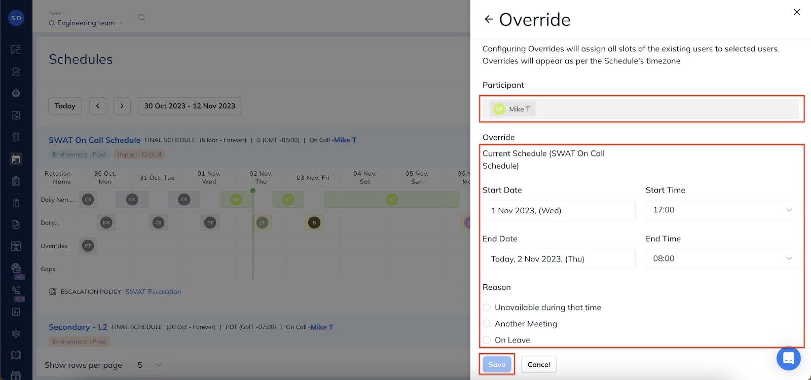 Override On Call Rotation